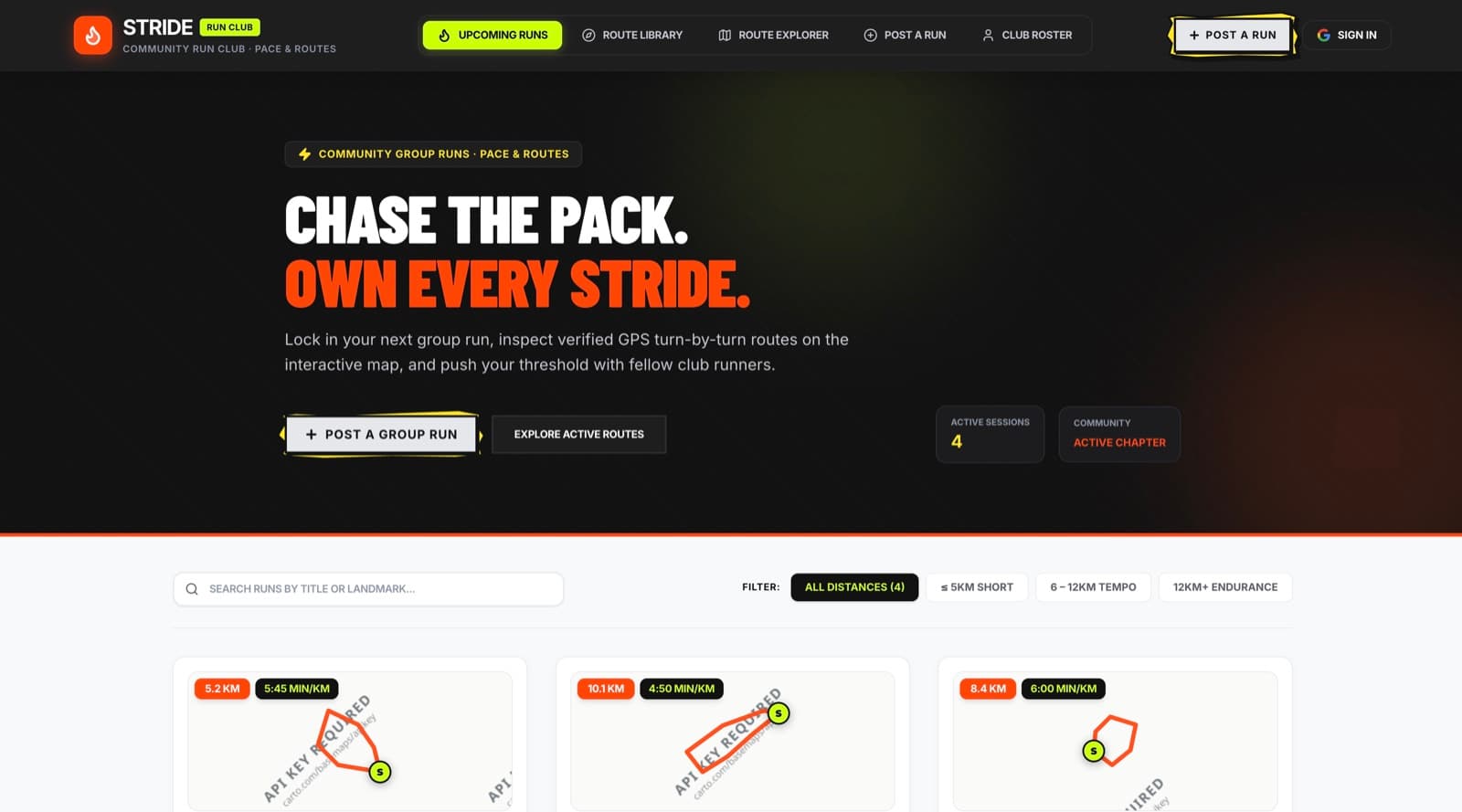 Stride Run Club home page: a bold headline above upcoming group runs filtered by pace and distance