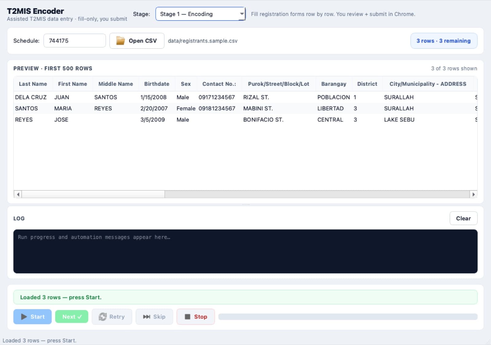 T2MIS Encoder main window in Stage 1 — Encoding: a preview of the first 500 rows from registrants.sample.csv, a run log, and Start, Next, Retry, Skip and Stop controls
