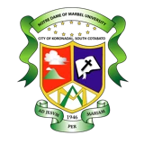 Notre Dame of Marbel University crest: a gold-bordered shield with a mountain and clouds, an open book bearing a cross, and the letters A and M, below a banner reading 'Notre Dame of Marbel University' and a ribbon with the motto 'Ad Jesum per Mariam'