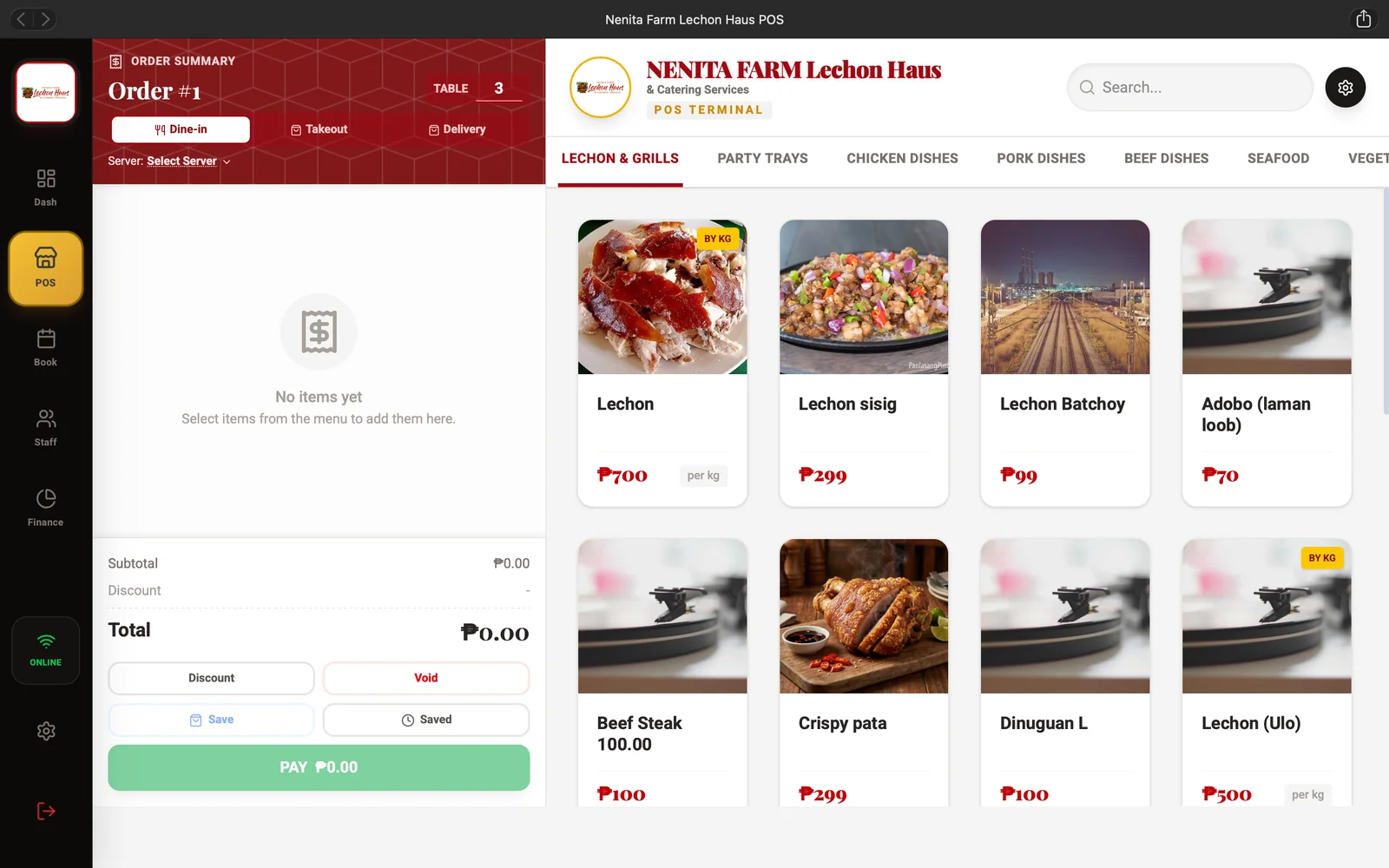 Point-of-sale screen of the Nenita Farm Lechon Haus restaurant management system