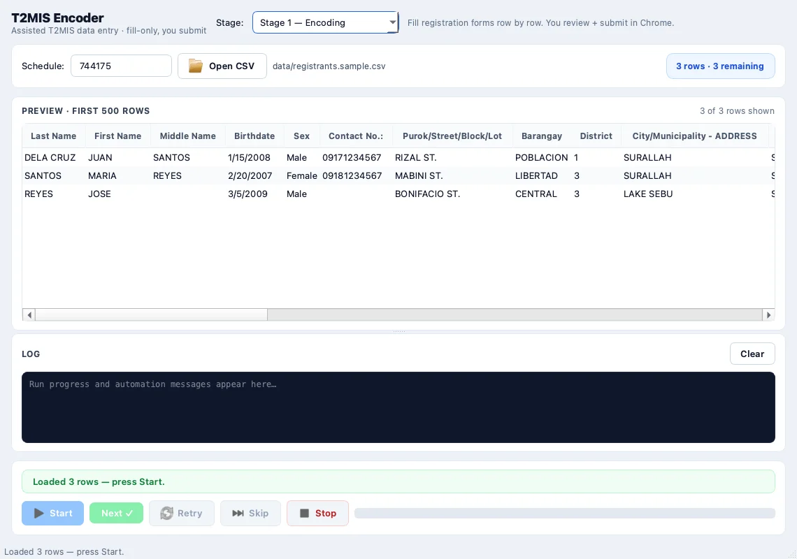 The T2MIS Encoder desktop app filling the learner registration form row by row